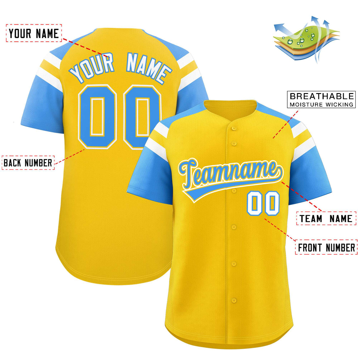 Custom Gold Powder Blue Contrast Raglan Sleeves Authentic Baseball Jersey| KXKSHOP