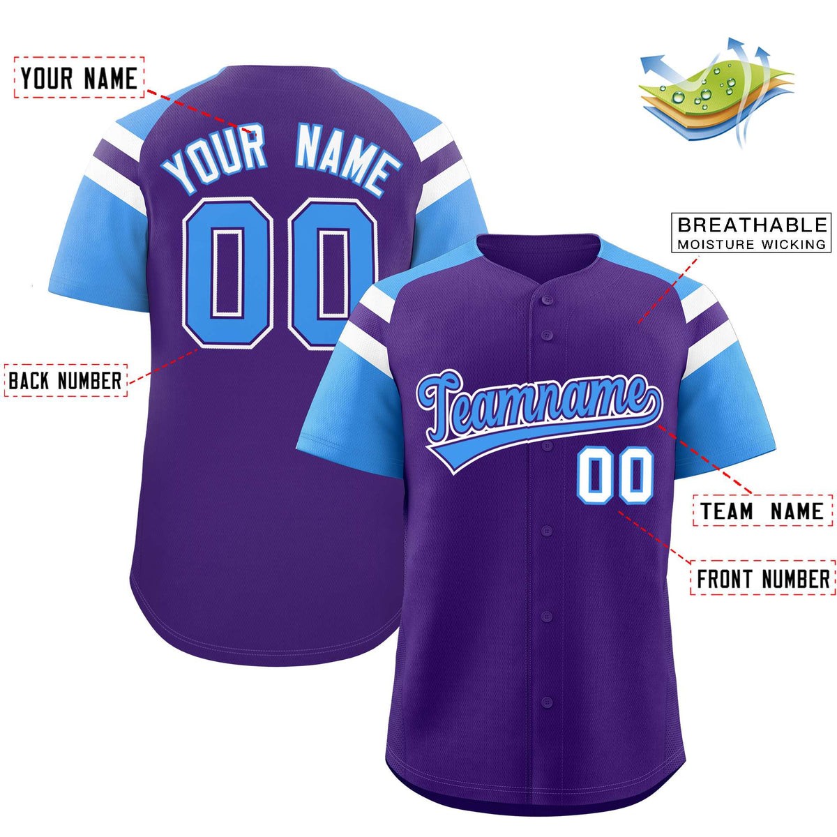 Custom Purple Powder Blue Contrast Raglan Sleeves Authentic Baseball Jersey| KXKSHOP