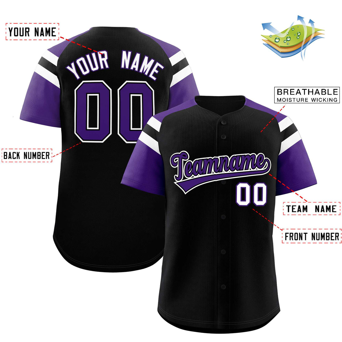Custom Black Purple Contrast Raglan Sleeves Authentic Baseball Jersey| KXKSHOP