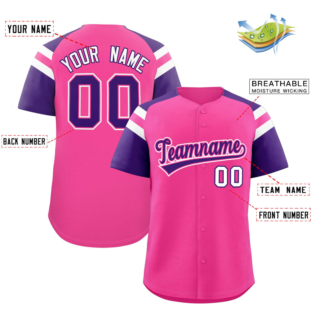 Custom Pink Purple Contrast Raglan Sleeves Authentic Baseball Jersey| KXKSHOP