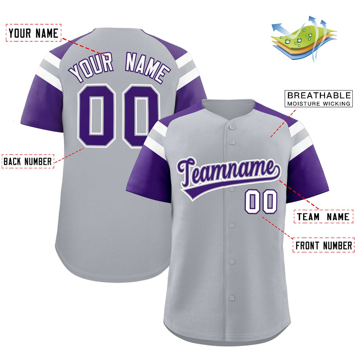 Custom Silver Purple Contrast Raglan Sleeves Authentic Baseball Jersey| KXKSHOP