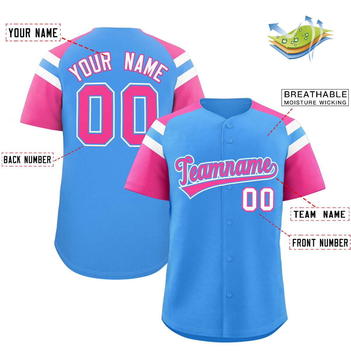 Custom Powder Blue Pink Contrast Raglan Sleeves Authentic Baseball Jersey| KXKSHOP