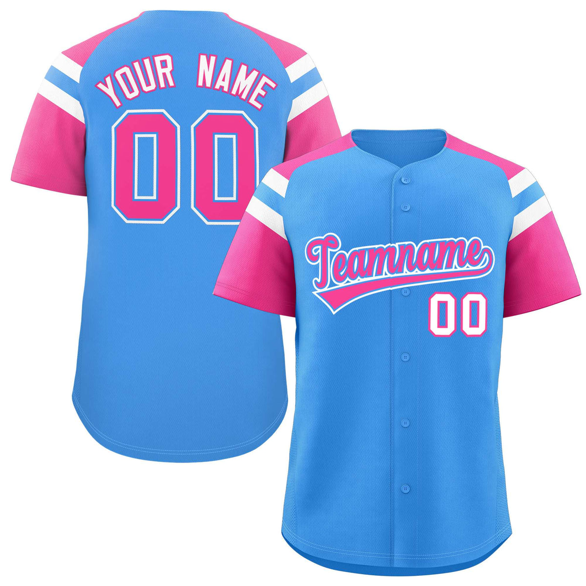 Custom Powder Blue Pink Contrast Raglan Sleeves Authentic Baseball Jersey| KXKSHOP