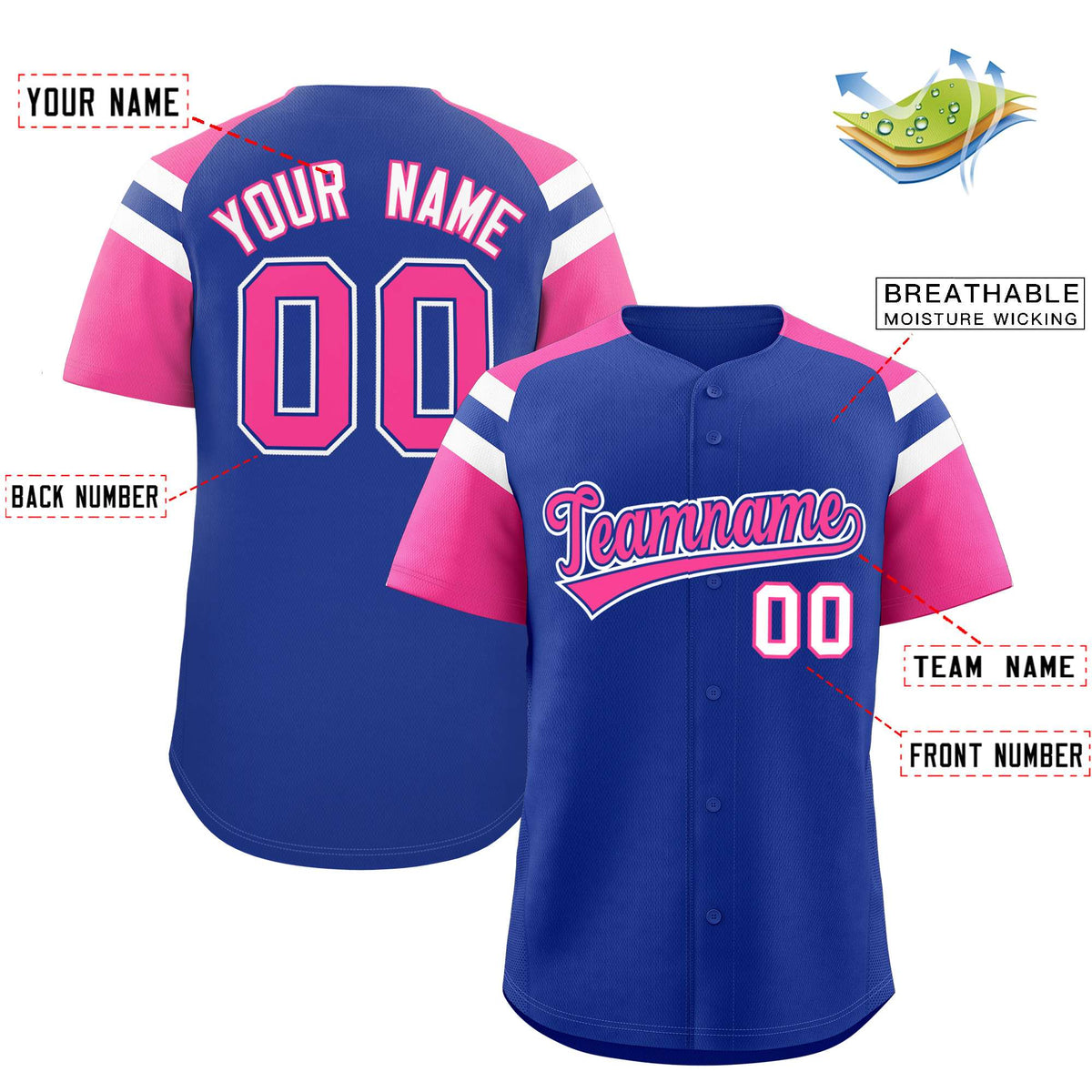 Custom Royal Pink Contrast Raglan Sleeves Authentic Baseball Jersey| KXKSHOP
