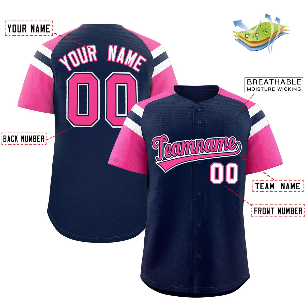 Custom Navy Pink Contrast Raglan Sleeves Authentic Baseball Jersey| KXKSHOP