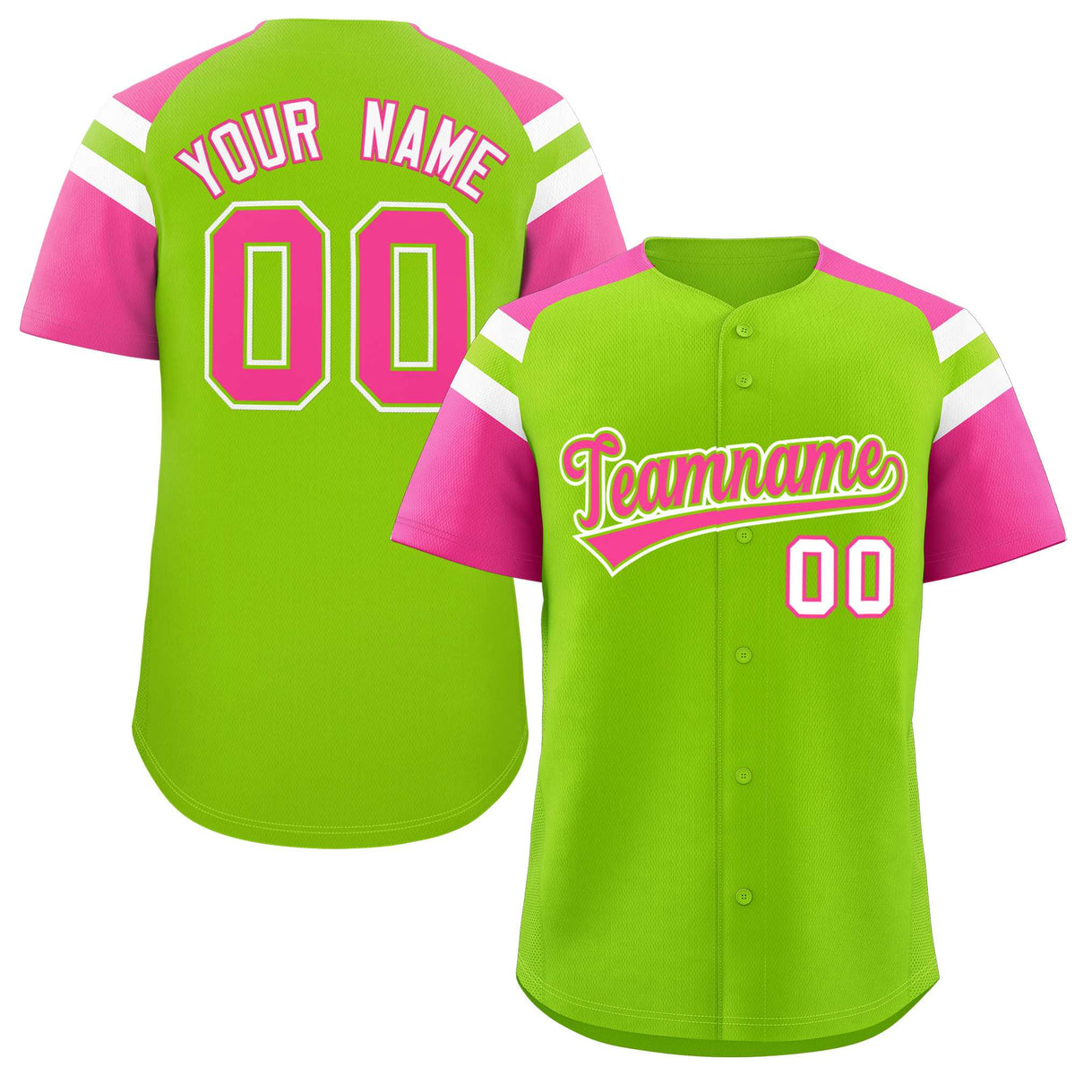 Custom Neon Green Pink Contrast Raglan Sleeves Authentic Baseball Jersey| KXKSHOP