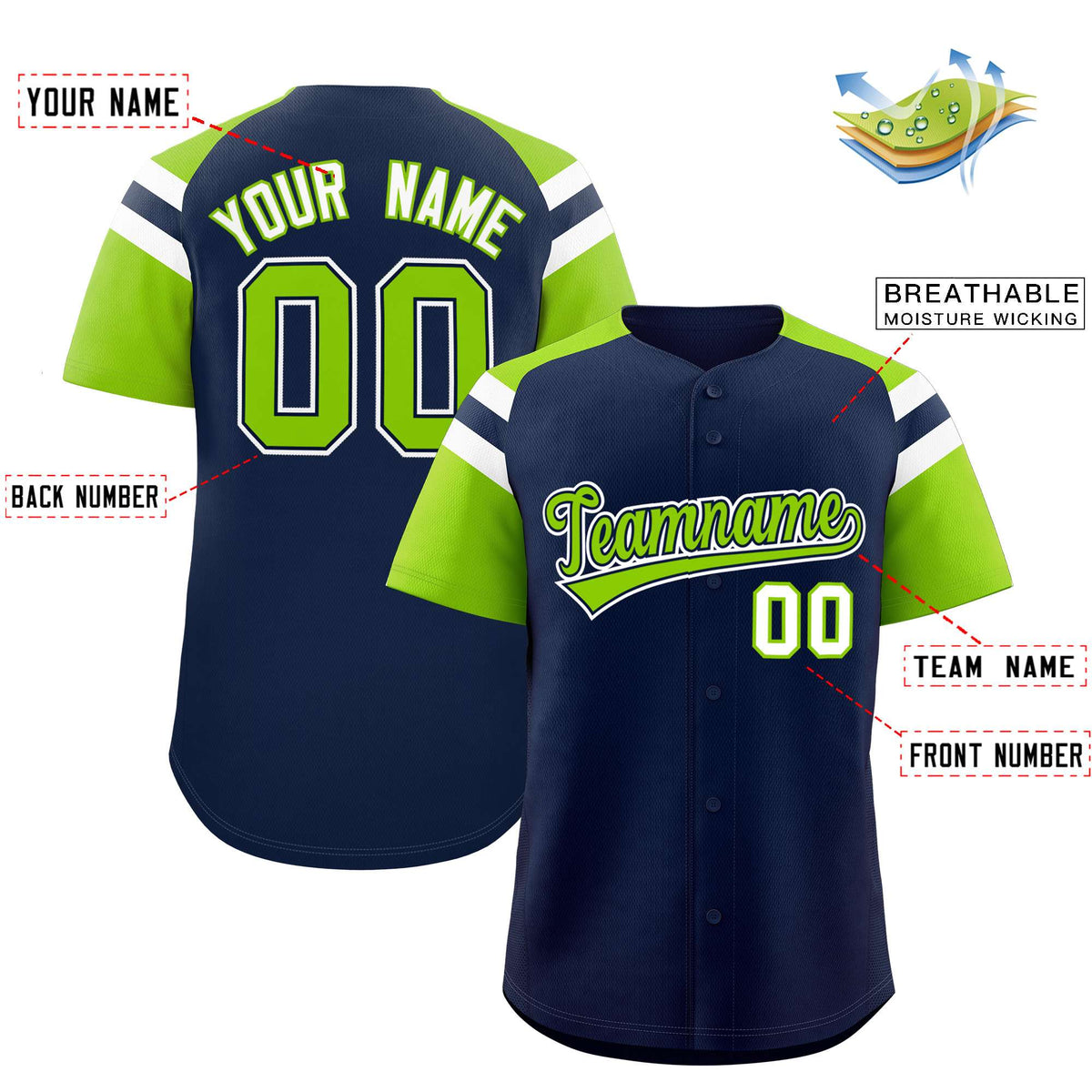 Custom Navy Neon Green Contrast Raglan Sleeves Authentic Baseball Jersey| KXKSHOP
