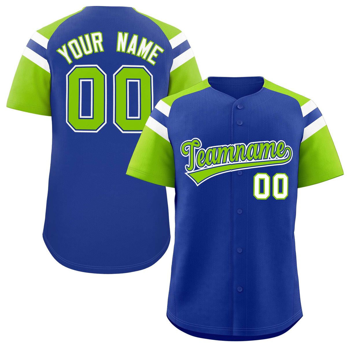 Custom Royal Neon Green Contrast Raglan Sleeves Authentic Baseball Jersey| KXKSHOP