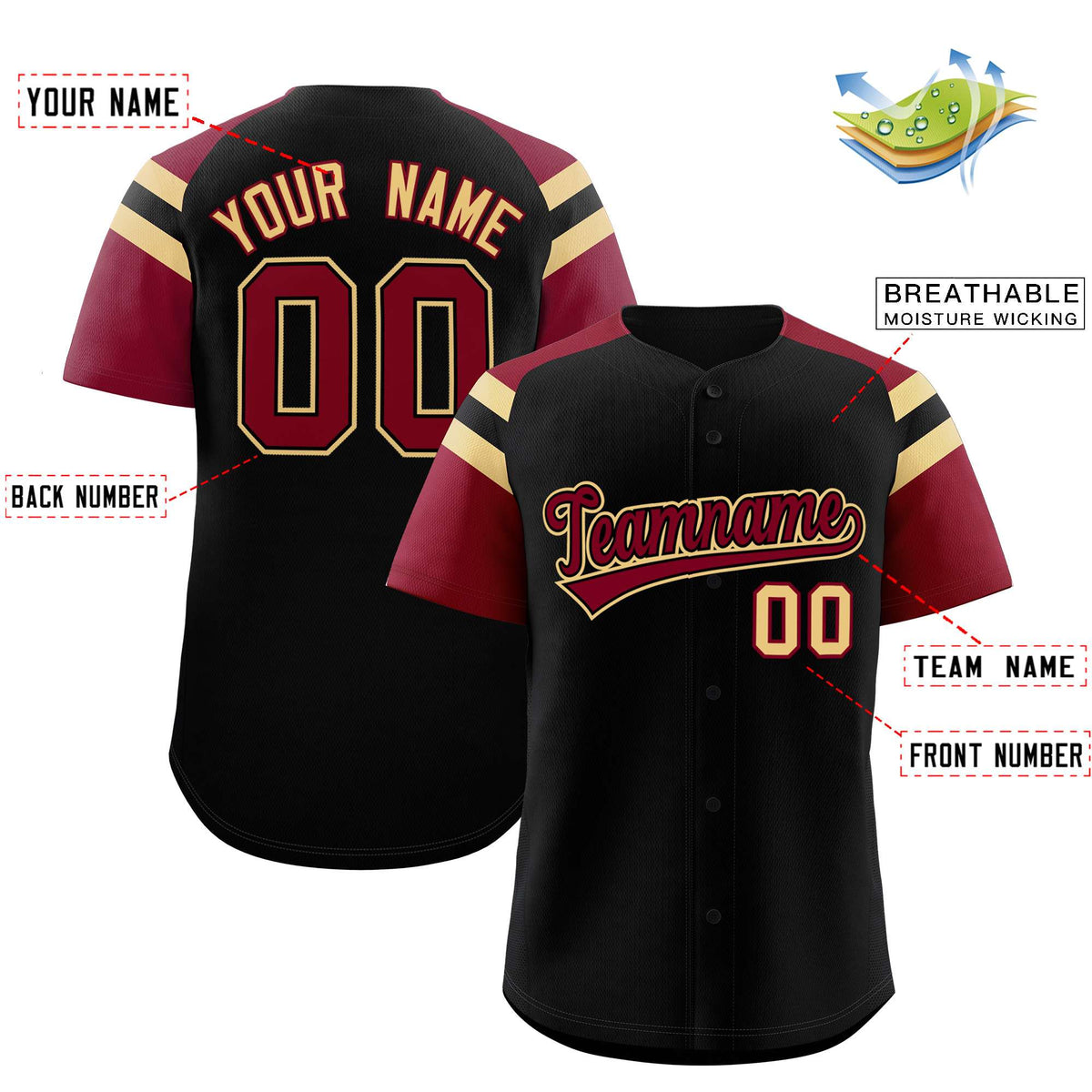 Custom Black Crimson Contrast Raglan Sleeves Authentic Baseball Jersey| KXKSHOP