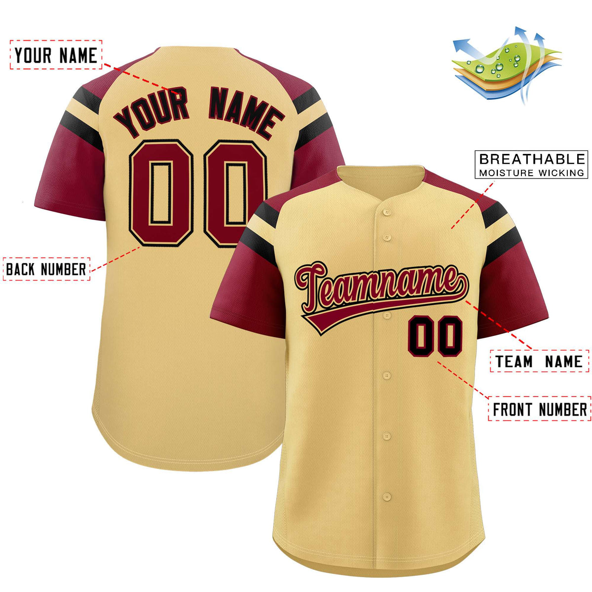 Custom Khaki Crimson Contrast Raglan Sleeves Authentic Baseball Jersey| KXKSHOP