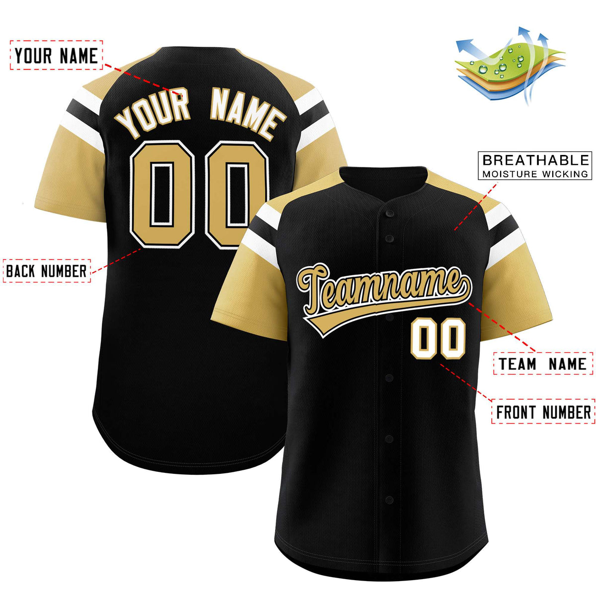 Custom Black Old Gold Contrast Raglan Sleeves Authentic Baseball Jersey| KXKSHOP