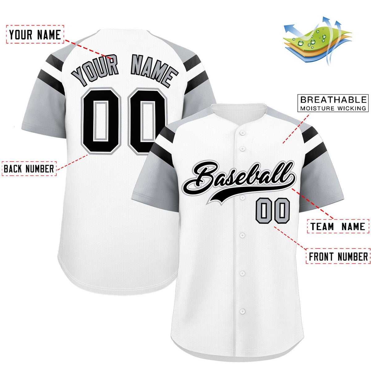 Custom White Silver Contrast Raglan Sleeves Authentic Baseball Jersey| KXKSHOP