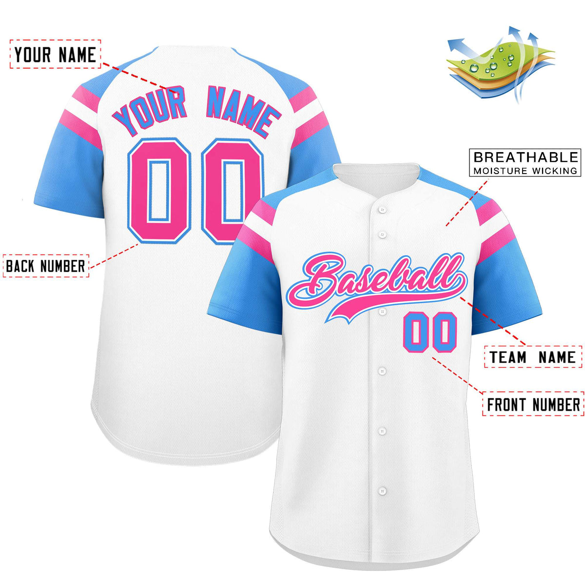 Custom White Powder Blue Contrast Raglan Sleeves Authentic Baseball Jersey| KXKSHOP
