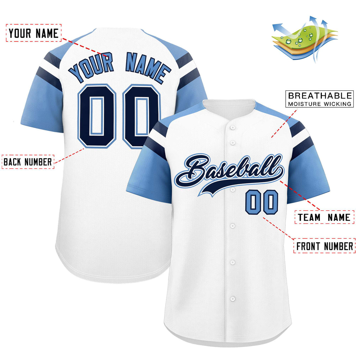 Custom White Light Blue Contrast Raglan Sleeves Authentic Baseball Jersey| KXKSHOP