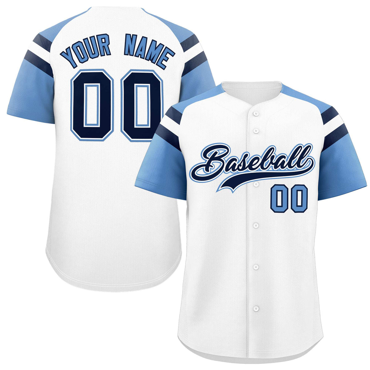 Custom White Light Blue Contrast Raglan Sleeves Authentic Baseball Jersey| KXKSHOP