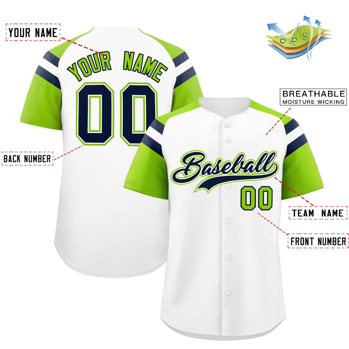 Custom White Neon Green Contrast Raglan Sleeves Authentic Baseball Jersey| KXKSHOP