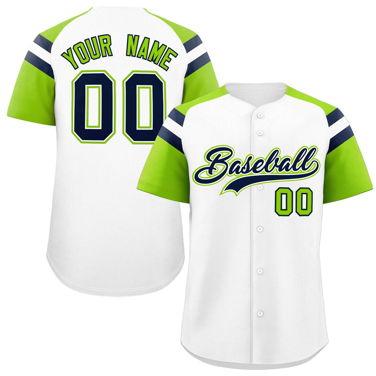Custom White Neon Green Contrast Raglan Sleeves Authentic Baseball Jersey| KXKSHOP