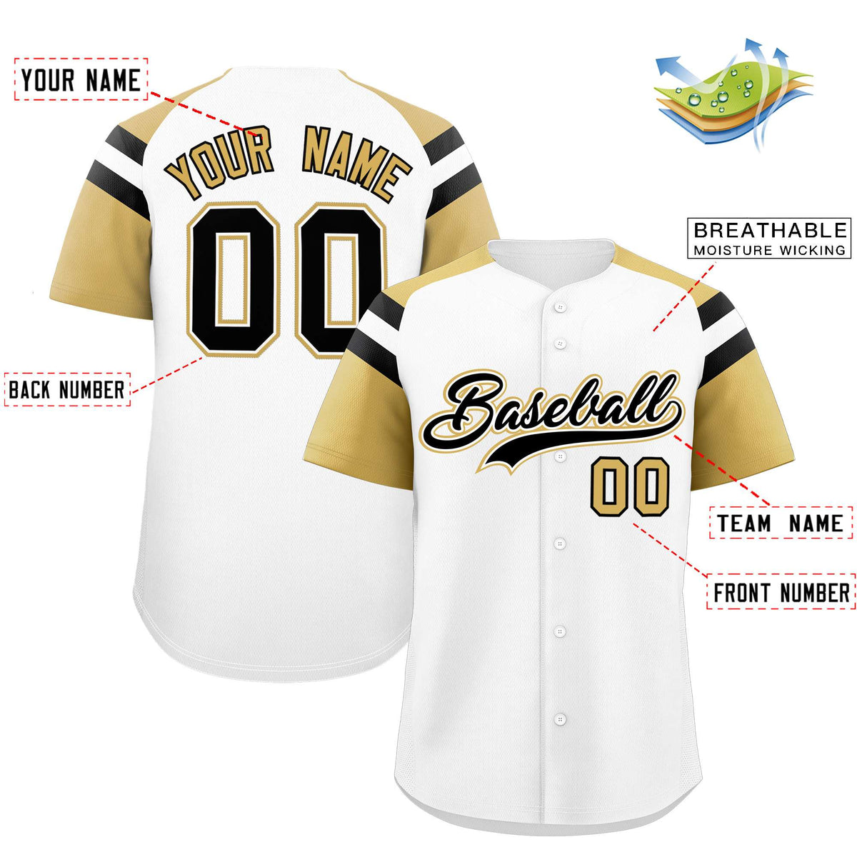 Custom White Old Gold Contrast Raglan Sleeves Authentic Baseball Jersey| KXKSHOP