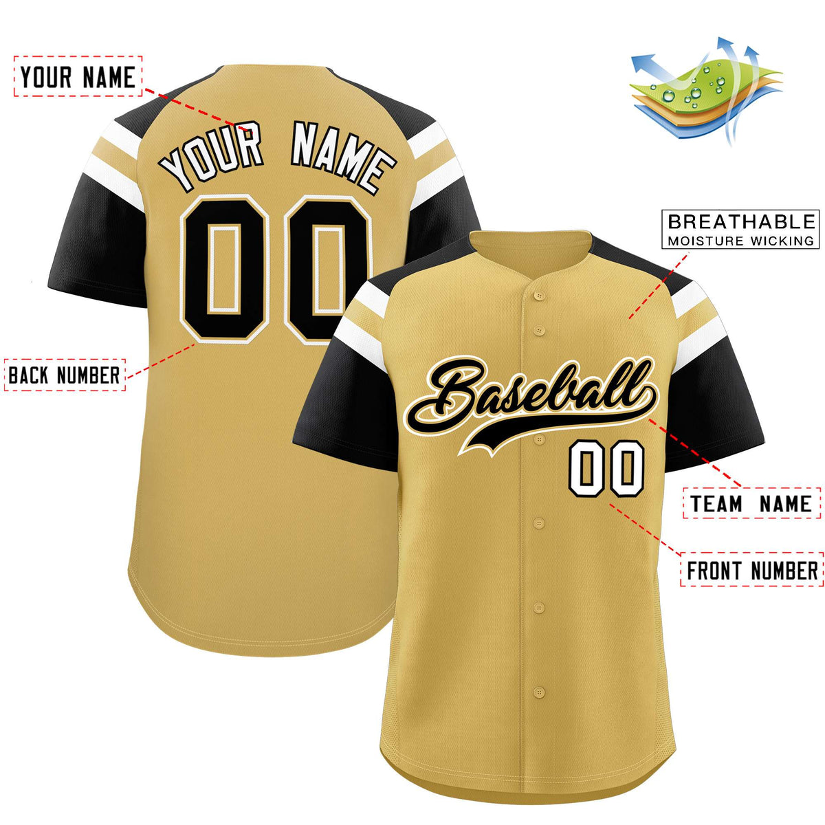 Custom Old Gold Black Contrast Raglan Sleeves Authentic Baseball Jersey| KXKSHOP