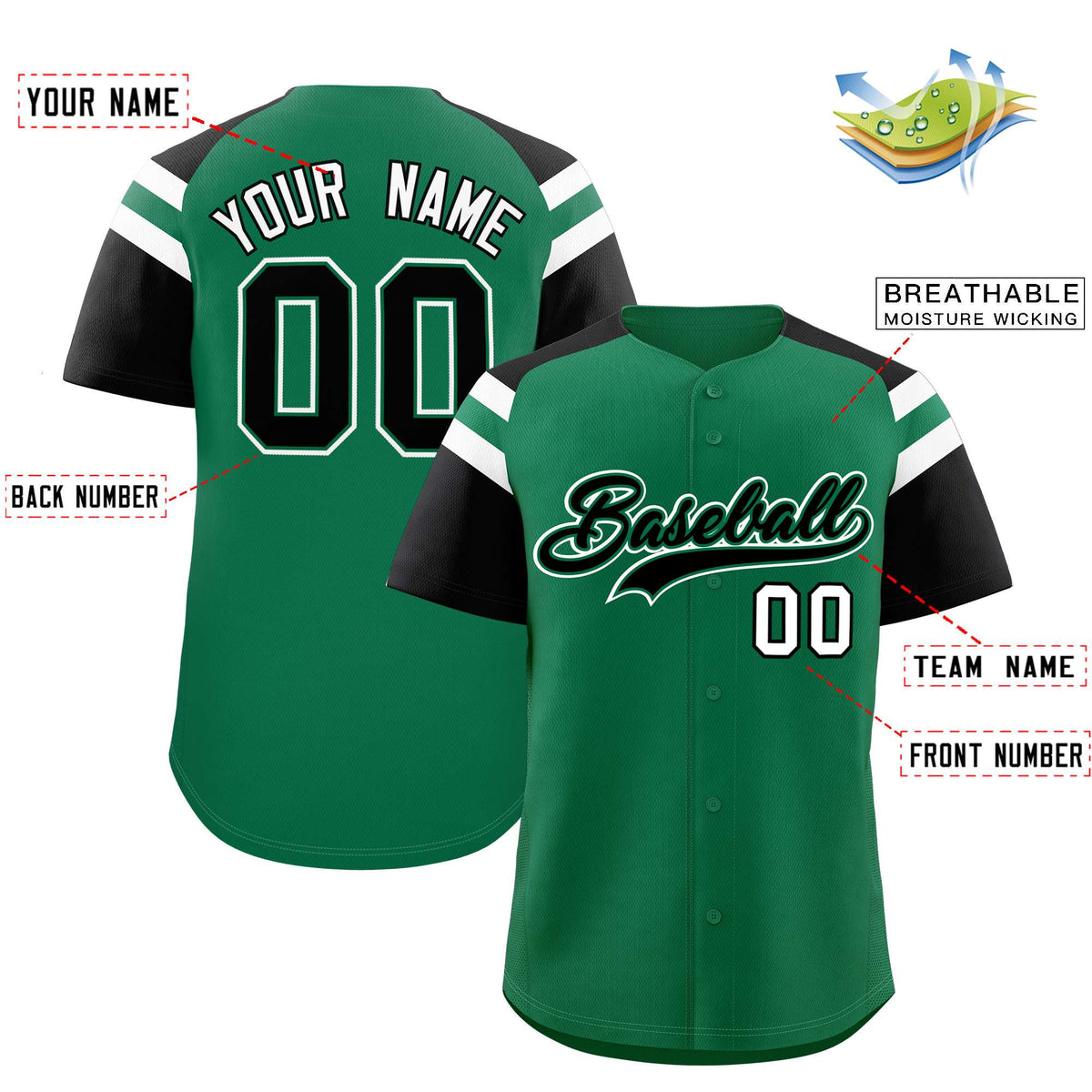 Custom Kelly Green Black Contrast Raglan Sleeves Authentic Baseball Jersey| KXKSHOP