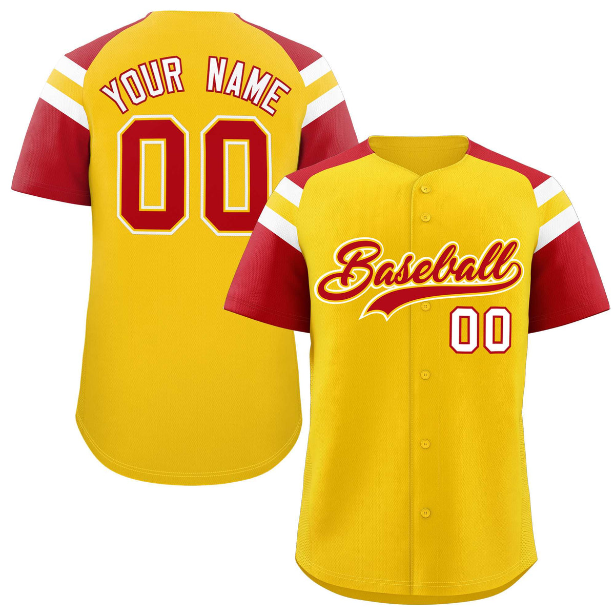 Custom Gold Red Contrast Raglan Sleeves Authentic Baseball Jersey| KXKSHOP