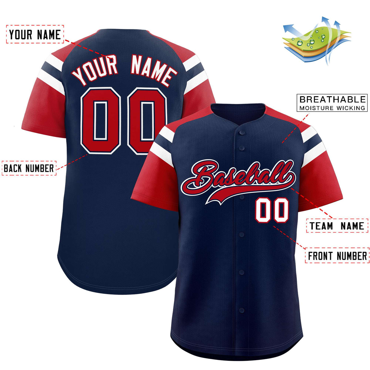 Custom Navy Red Contrast Raglan Sleeves Authentic Baseball Jersey| KXKSHOP