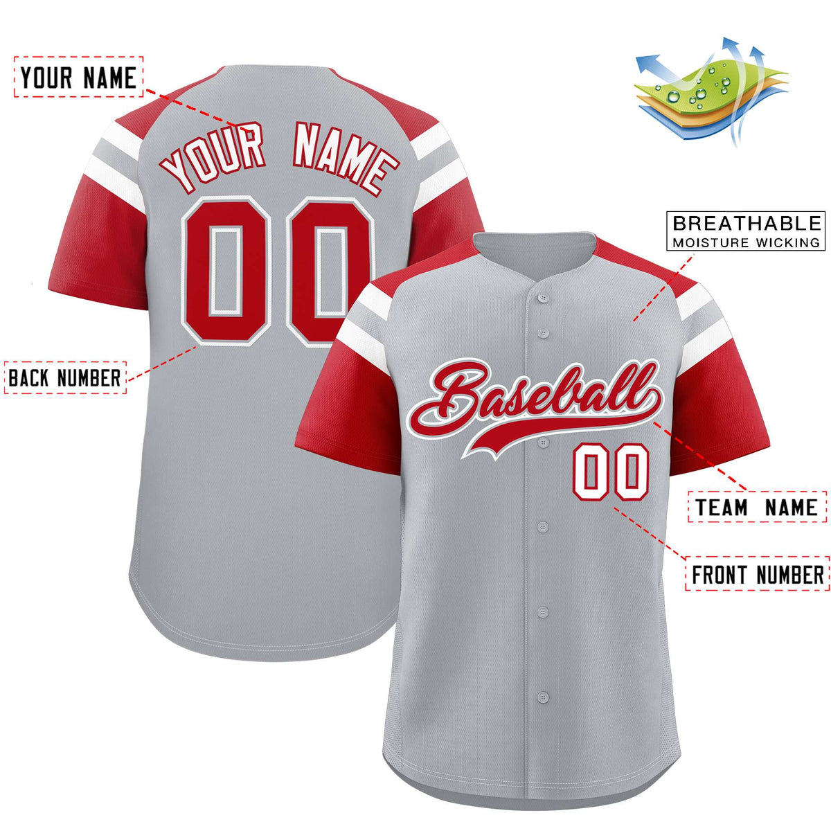 Custom Silver Red Contrast Raglan Sleeves Authentic Baseball Jersey| KXKSHOP