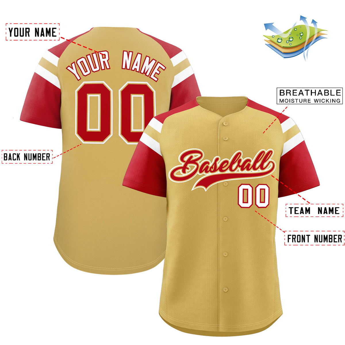 Custom Old Gold Red Contrast Raglan Sleeves Authentic Baseball Jersey| KXKSHOP