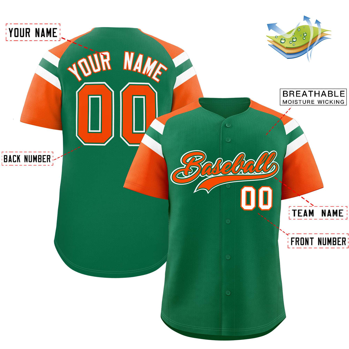 Custom Kelly Green Orange Contrast Raglan Sleeves Authentic Baseball Jersey| KXKSHOP