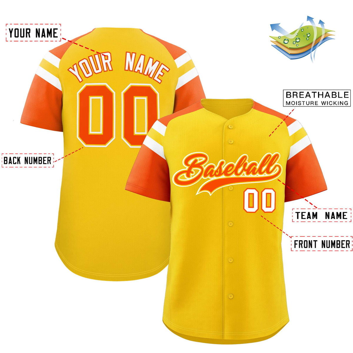 Custom Gold Orange Contrast Raglan Sleeves Authentic Baseball Jersey| KXKSHOP