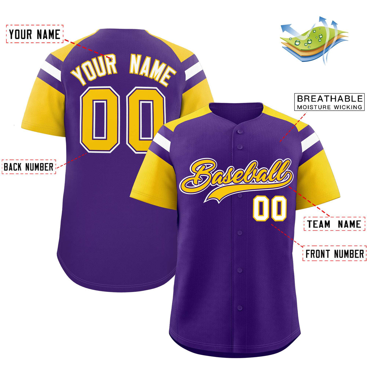 Custom Purple Gold Contrast Raglan Sleeves Authentic Baseball Jersey| KXKSHOP