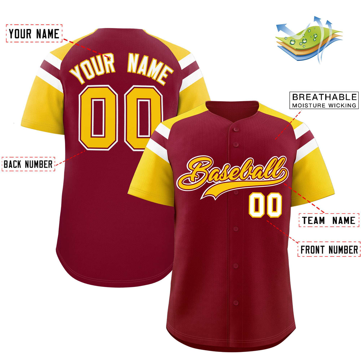 Custom Crimson Gold Contrast Raglan Sleeves Authentic Baseball Jersey| KXKSHOP