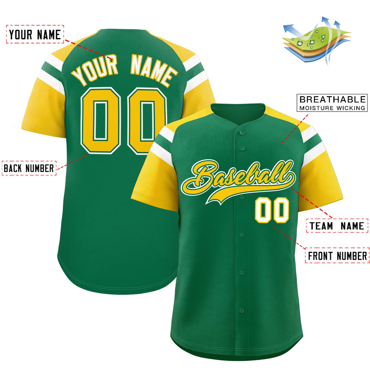 Custom Kelly Green Gold Contrast Raglan Sleeves Authentic Baseball Jersey| KXKSHOP