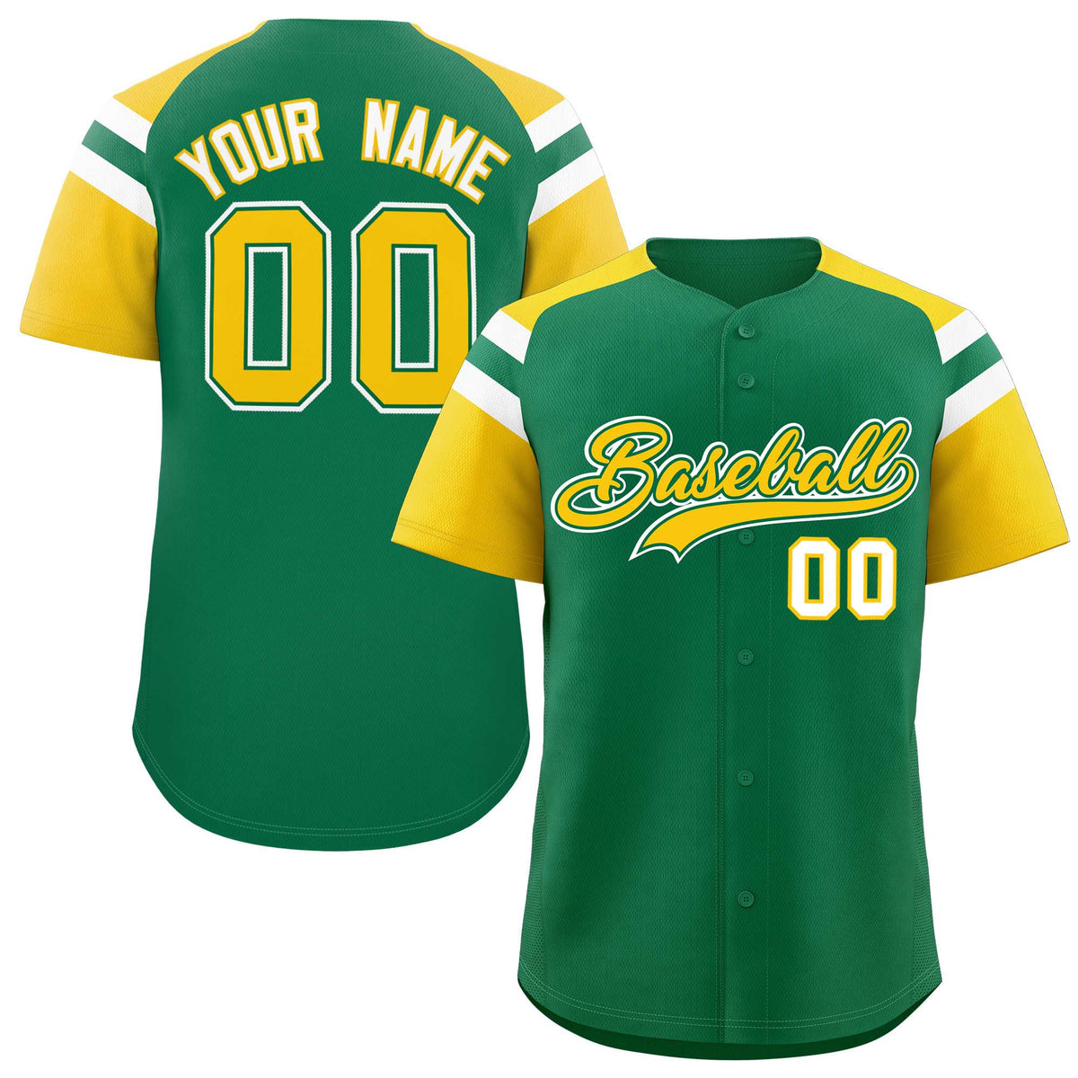 Custom Kelly Green Gold Contrast Raglan Sleeves Authentic Baseball Jersey| KXKSHOP