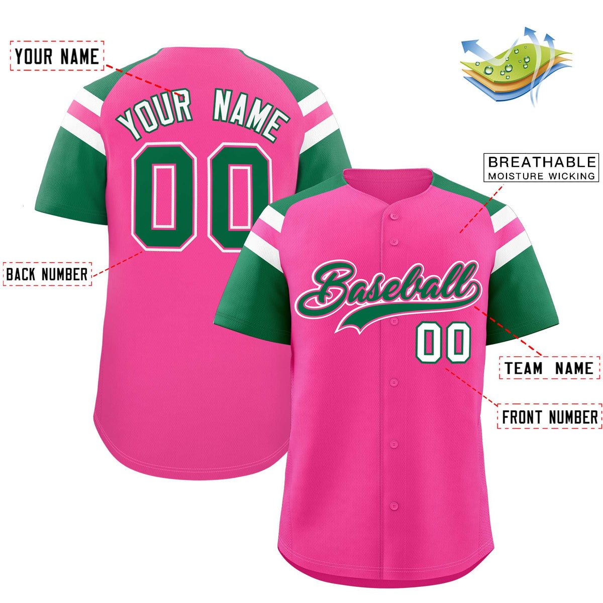 Custom Pink Kelly Green Contrast Raglan Sleeves Authentic Baseball Jersey| KXKSHOP