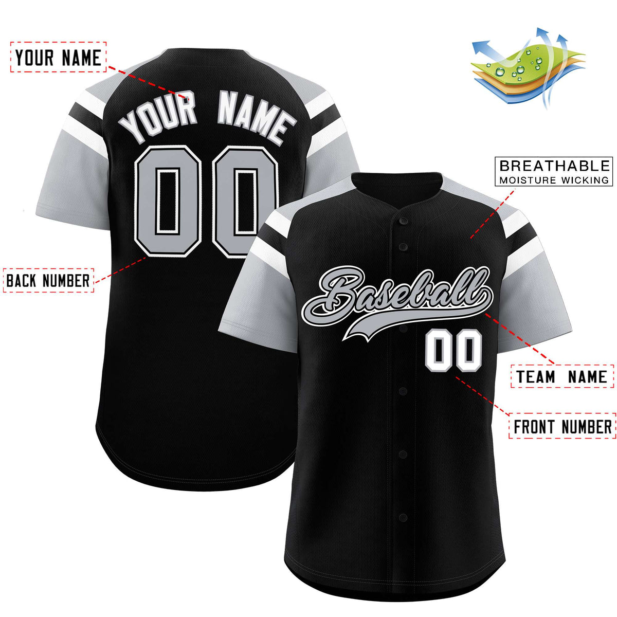 Custom Black Silver Contrast Raglan Sleeves Authentic Baseball Jersey| KXKSHOP