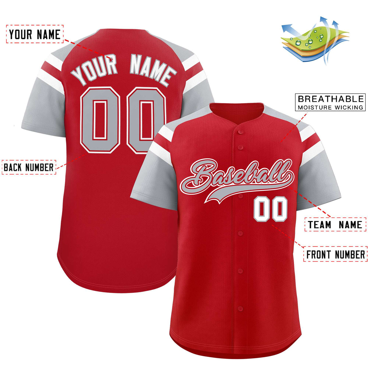 Custom Red Silver Contrast Raglan Sleeves Authentic Baseball Jersey| KXKSHOP