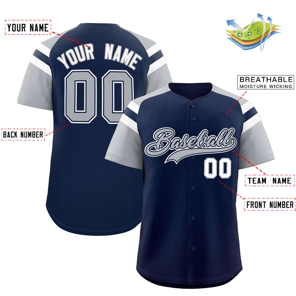 Custom Navy Silver Contrast Raglan Sleeves Authentic Baseball Jersey| KXKSHOP