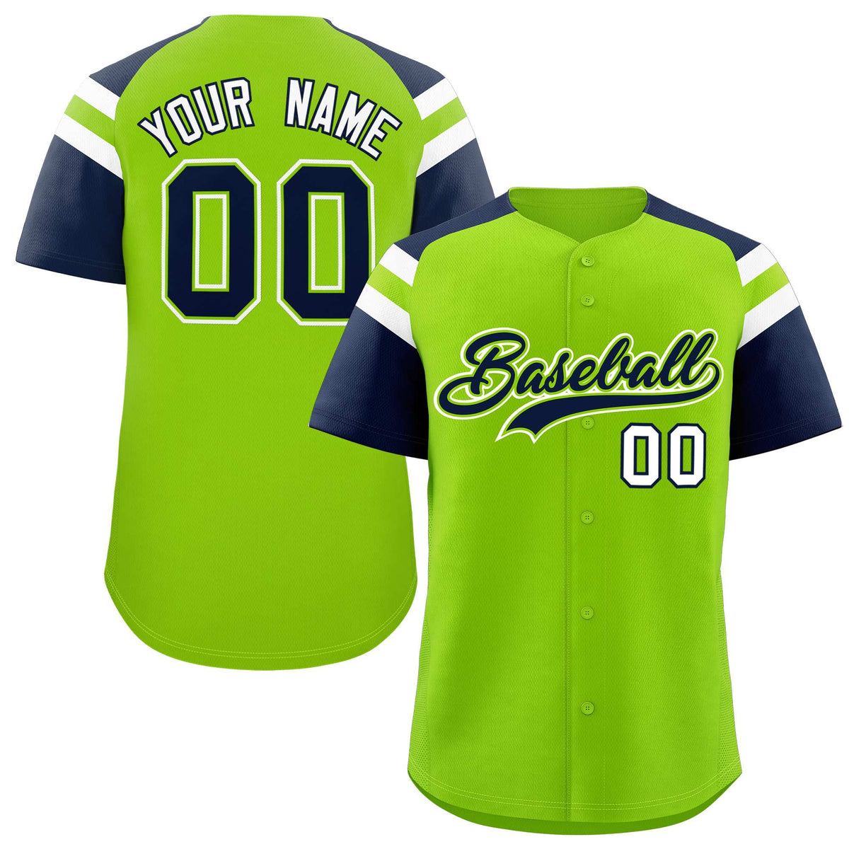 Custom Neon Green Navy Contrast Raglan Sleeves Authentic Baseball Jersey| KXKSHOP