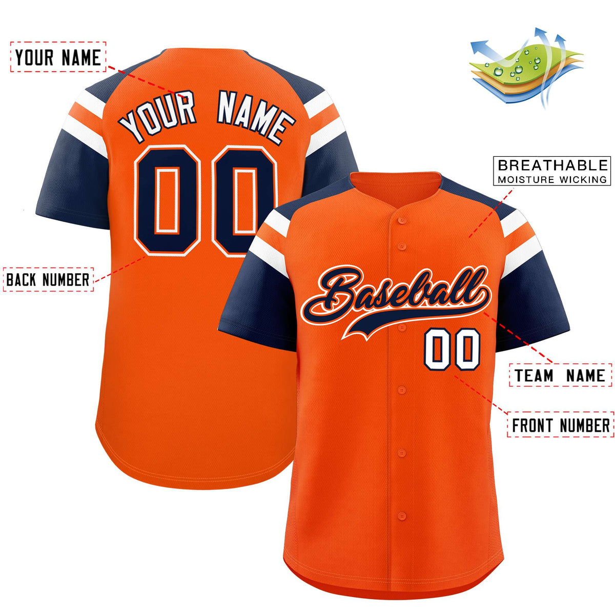 Custom Orange Navy Contrast Raglan Sleeves Authentic Baseball Jersey| KXKSHOP