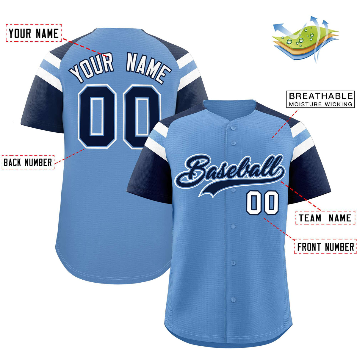 Custom Light Blue Navy Contrast Raglan Sleeves Authentic Baseball Jersey| KXKSHOP