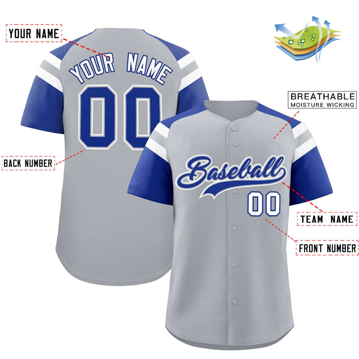 Custom Silver Royal Contrast Raglan Sleeves Authentic Baseball Jersey| KXKSHOP