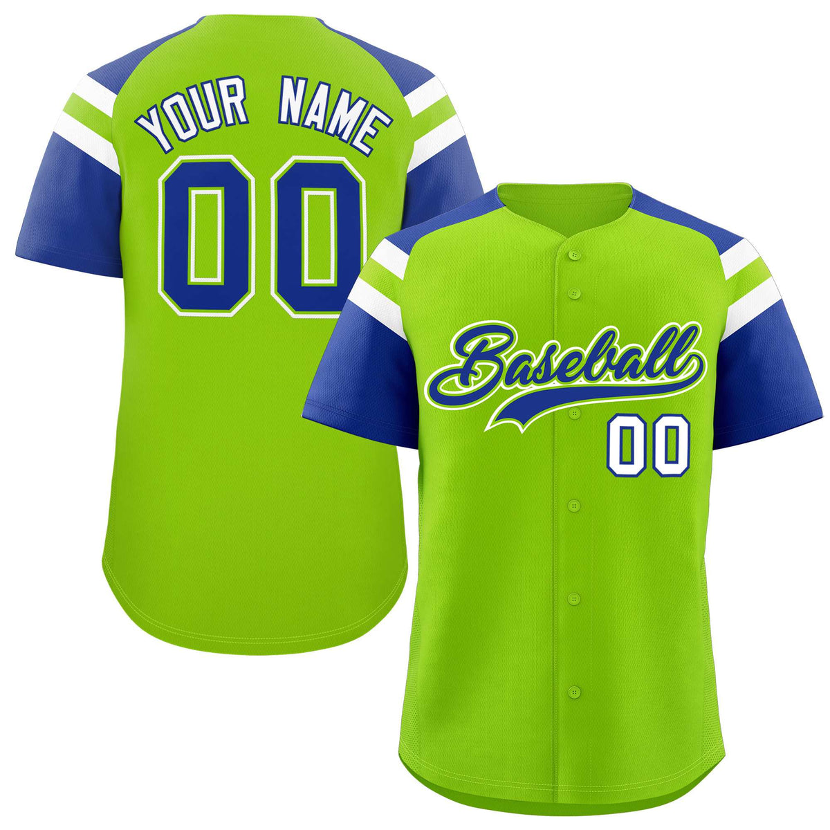 Custom Neon Green Royal Contrast Raglan Sleeves Authentic Baseball Jersey| KXKSHOP