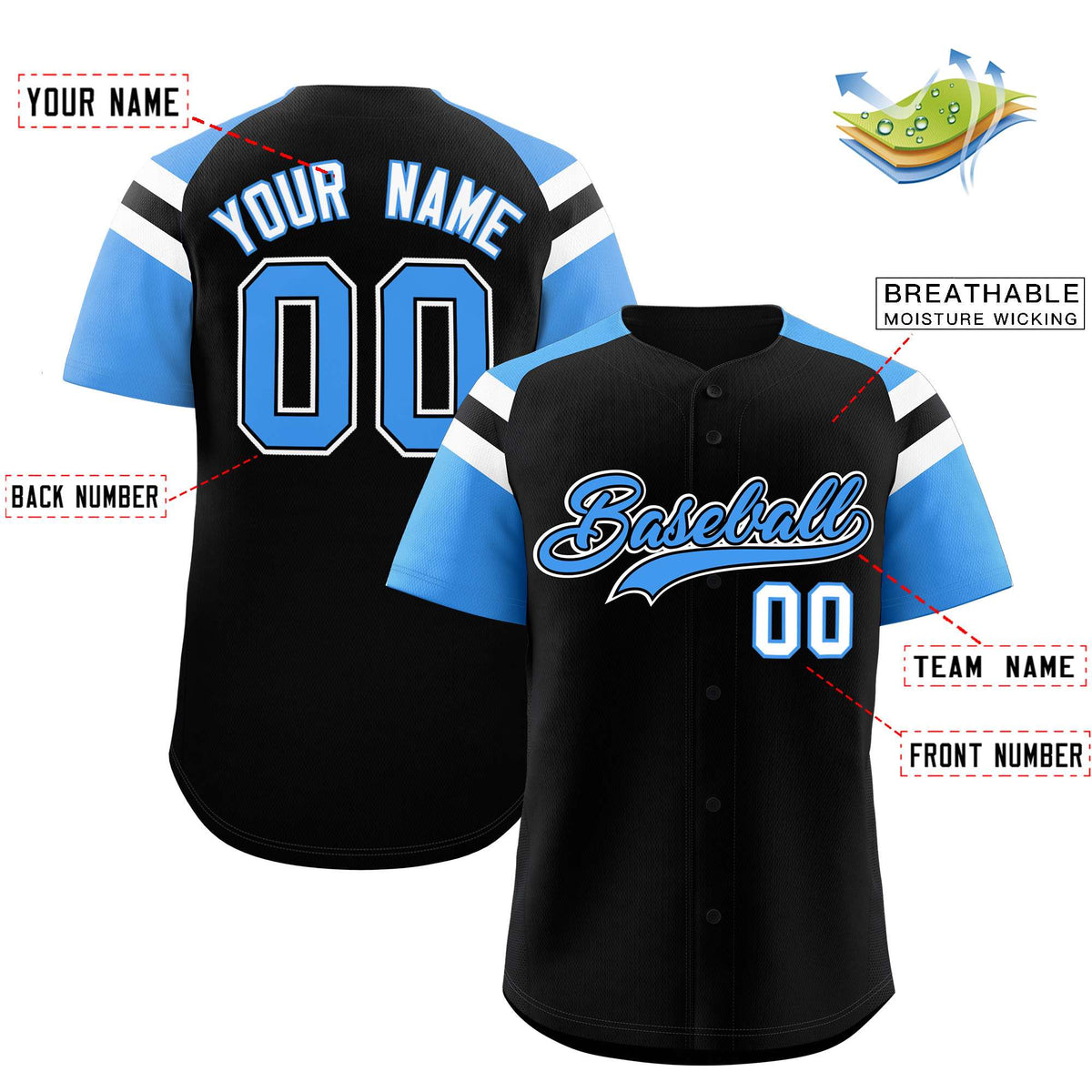 Custom Black Powder Blue Contrast Raglan Sleeves Authentic Baseball Jersey| KXKSHOP