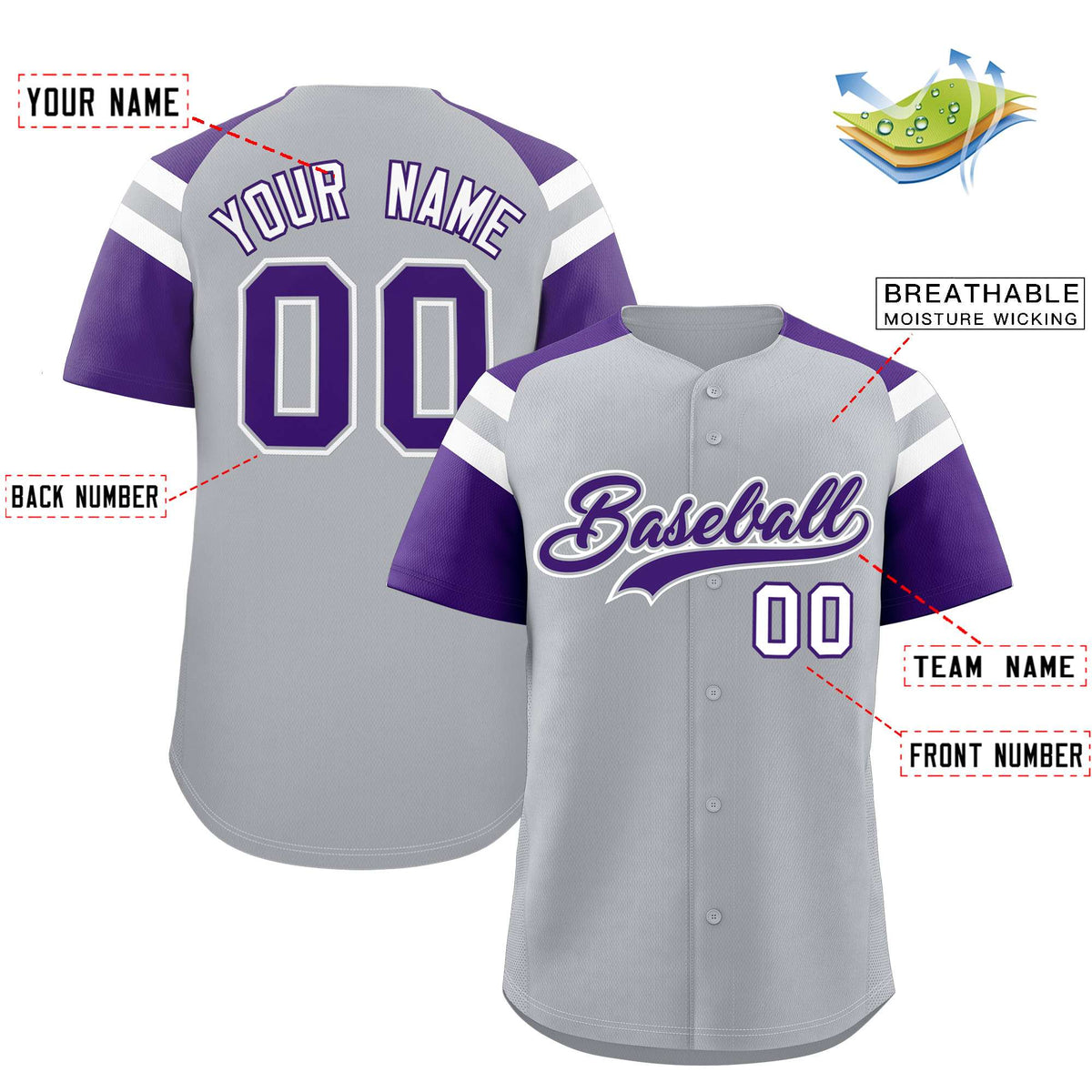 Custom Silver Purple Contrast Raglan Sleeves Authentic Baseball Jersey| KXKSHOP