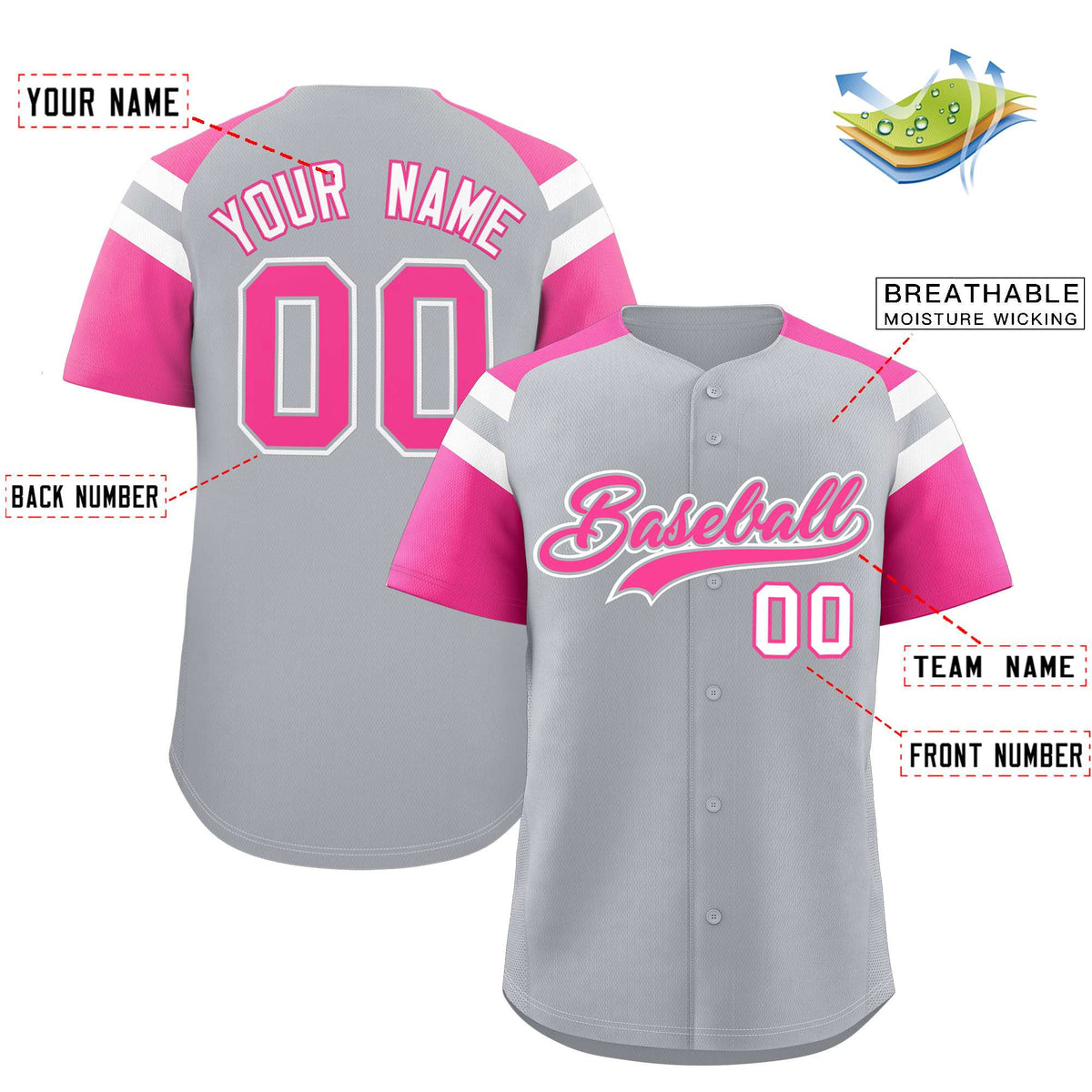 Custom Silver Pink Contrast Raglan Sleeves Authentic Baseball Jersey| KXKSHOP