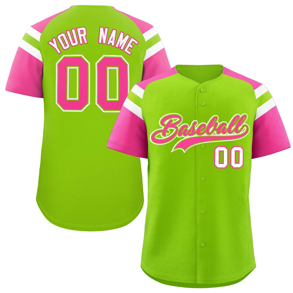 Custom Neon Green Pink Contrast Raglan Sleeves Authentic Baseball Jersey| KXKSHOP