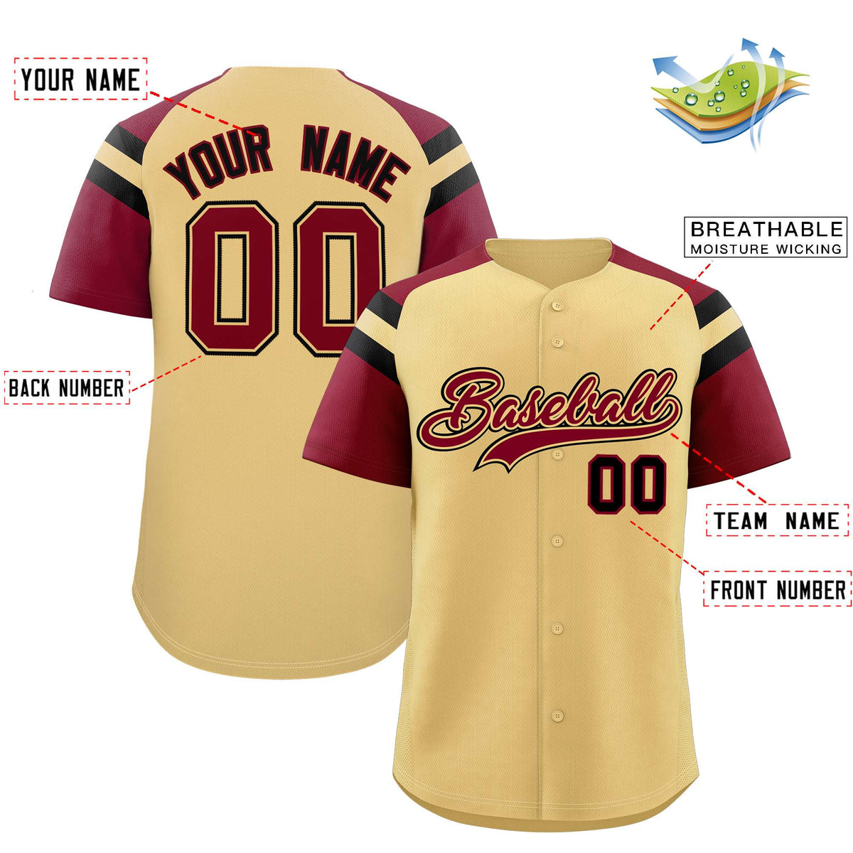 Custom Khaki Crimson Contrast Raglan Sleeves Authentic Baseball Jersey| KXKSHOP