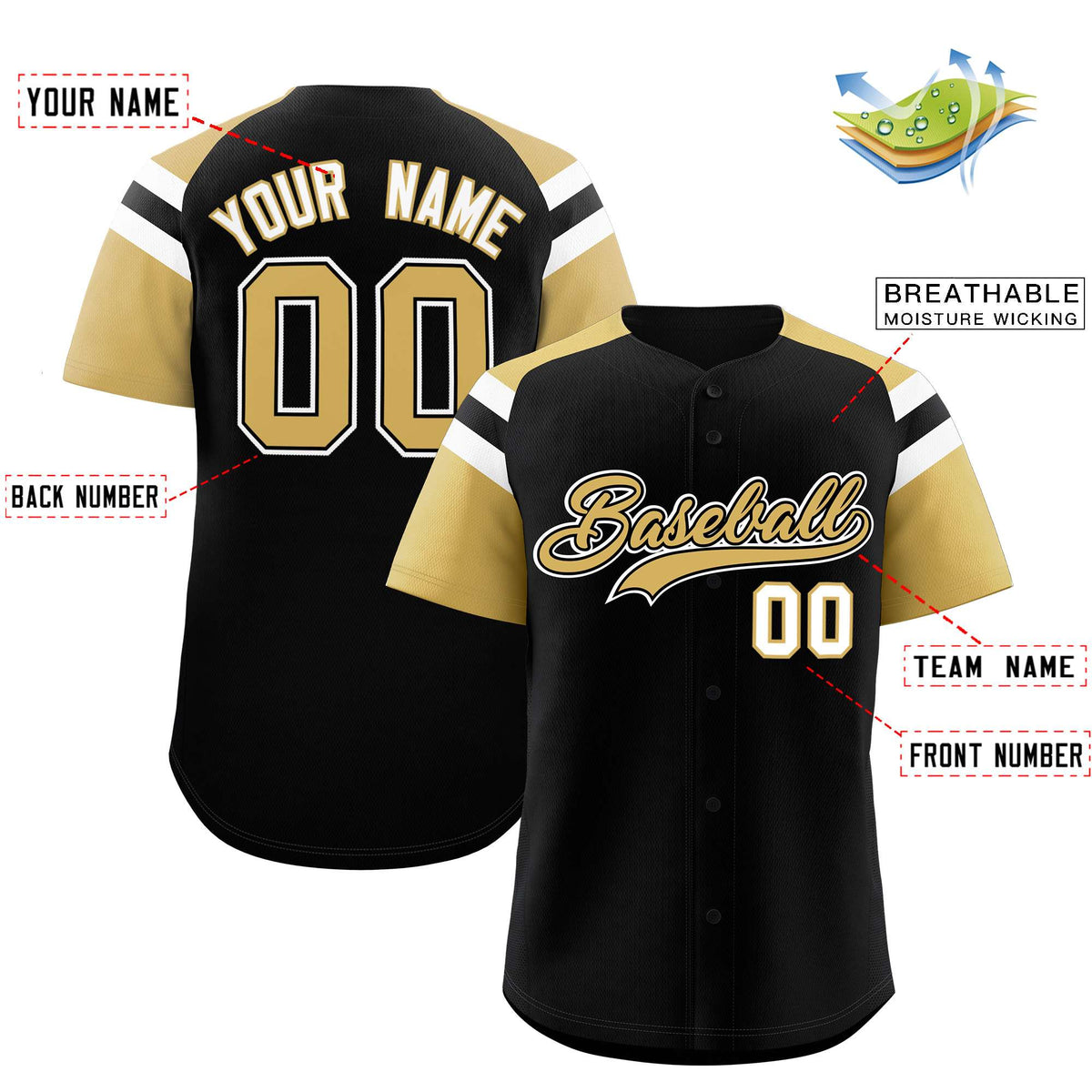 Custom Black Old Gold Contrast Raglan Sleeves Authentic Baseball Jersey| KXKSHOP