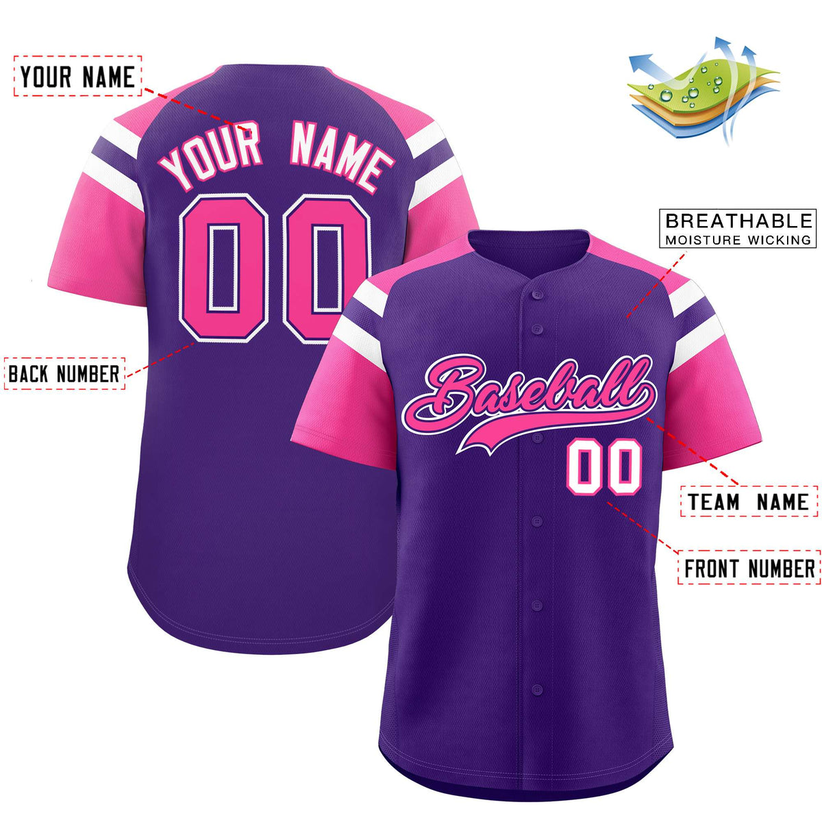 Custom Purple Pink Contrast Raglan Sleeves Authentic Baseball Jersey| KXKSHOP